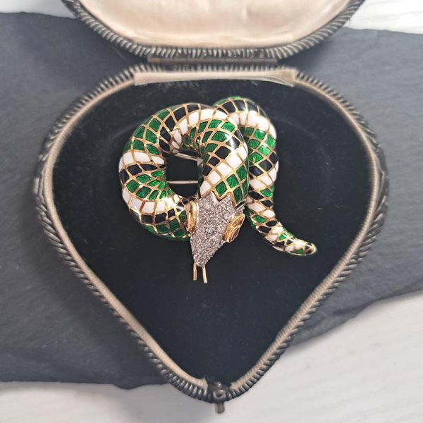 Green White and Black Enamel Gold Snake Brooch, 18ct yellow gold coiled snake brooch decorated with black, white and green enamel in intricate scale design