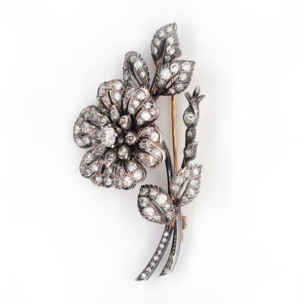 Victorian Antique Old Cut Diamond Flower En Tremblant Brooch