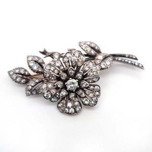 Victorian Antique Diamond Flower En Tremblant Brooch, 19th century floral spray brooch set with sparkling old-cut diamonds in silver upon gold