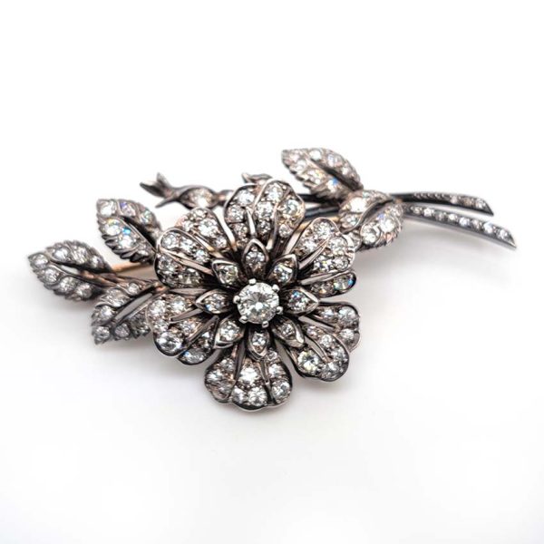 Victorian Antique Diamond Flower En Tremblant Brooch, 19th century floral spray brooch set with sparkling old-cut diamonds in silver upon gold