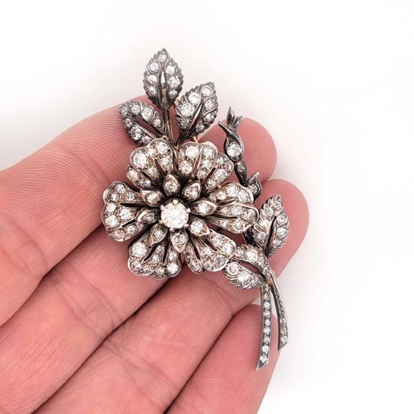 Victorian Antique Old Cut Diamond Flower En Tremblant Brooch