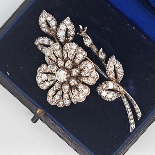 Victorian Antique Old Cut Diamond Flower En Tremblant Brooch