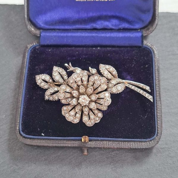 Victorian Antique Old Cut Diamond En Tremblant Flower Floral Spray Brooch