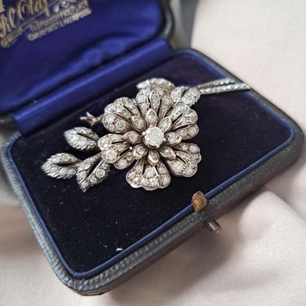 Victorian Antique Diamond Flower En Tremblant Brooch, 19th century floral spray brooch set with sparkling old-cut diamonds in silver upon gold