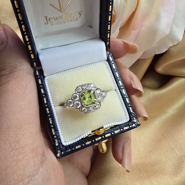 0.90ct Octagonal Step Cut Peridot and Diamond Cluster Engagement Ring in Platinum