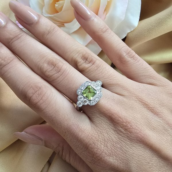 0.90ct Octagonal Step Cut Peridot and Diamond Cluster Engagement Ring in Platinum