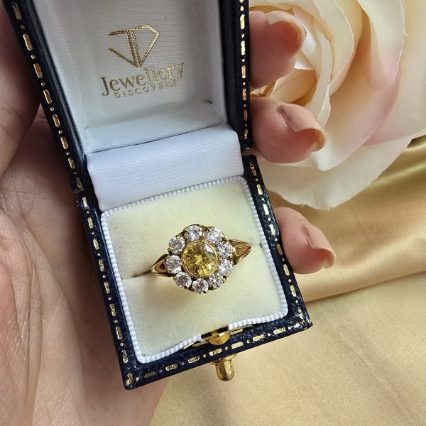 Antique Style 1.20ct Yellow Sapphire and Diamond Cluster Engagement Ring in 18ct Yellow Gold