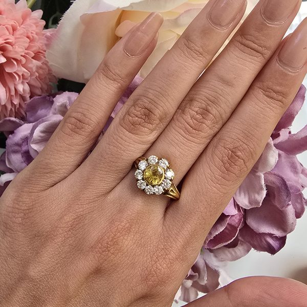 Antique Style 1.20ct Yellow Sapphire and Diamond Cluster Engagement Ring in 18ct Yellow Gold