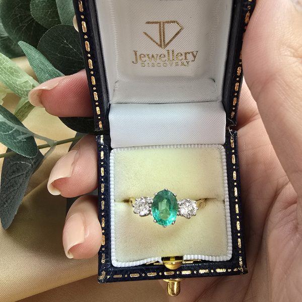 1.10ct Oval Emerald and Diamond Three Stone Engagement Ring in 18ct Gold