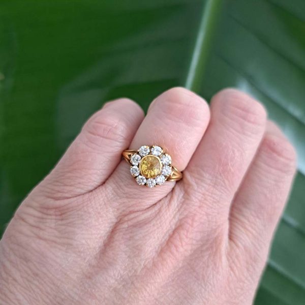 Antique Style 1.20ct Yellow Sapphire and Diamond Cluster Engagement Ring in 18ct Yellow Gold