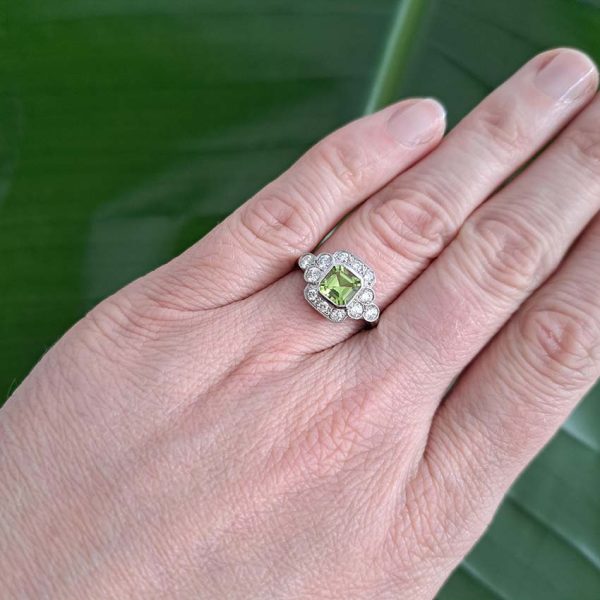 0.90ct Octagonal Step Cut Peridot and Diamond Cluster Engagement Ring in Platinum