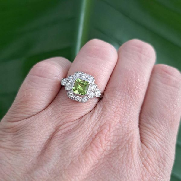 0.90ct Octagonal Step Cut Peridot and Diamond Cluster Engagement Ring in Platinum