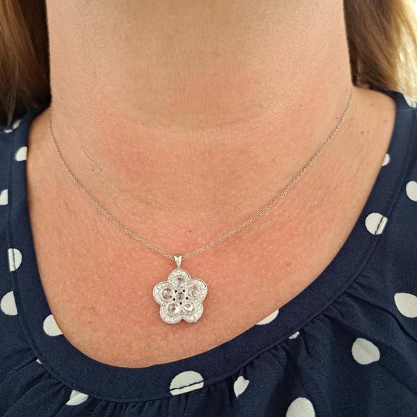 Diamond Floral Cluster Pendant Necklace with Chain, 1 carat total, set with rose-cut and round brilliant-cut diamonds in timeless flower design in 18ct white gold