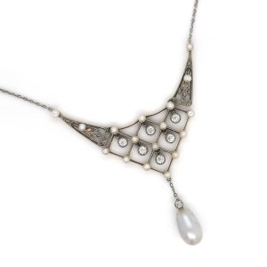 Belle Epoque Diamond and Natural Pearl Pendant Necklace