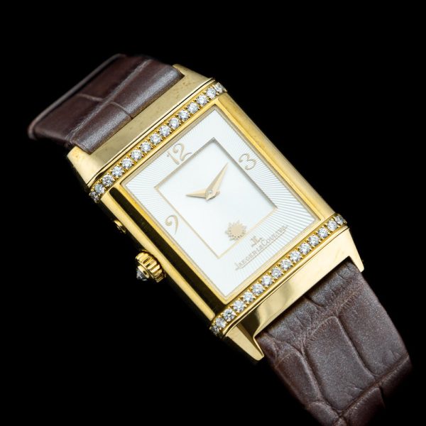 Jaeger-LeCoultre Ladies Reverso Duetto 269.1.54 with Diamonds 18ct yellow gold ladies Jaeger unworn vintage watch with original box, booklets and papers