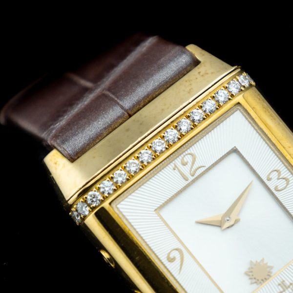 Jaeger-LeCoultre Ladies Reverso Duetto 269.1.54 with Diamonds 18ct yellow gold ladies Jaeger unworn vintage watch with original box, booklets and papers