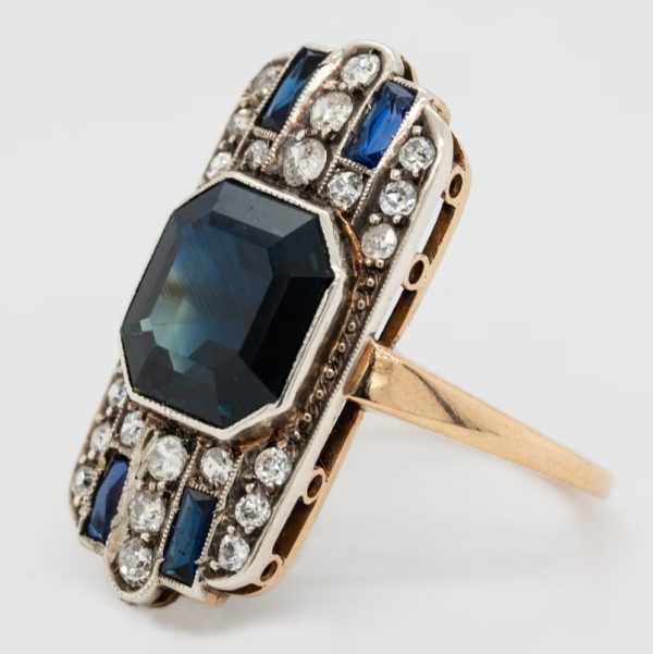 Art Deco 4.50ct Octagonal Cut Sapphire and Diamond Cluster Tablet Plaque Ring