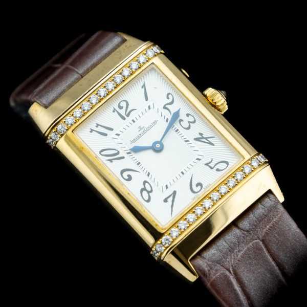 Jaeger-LeCoultre Ladies Reverso Duetto 269.1.54 with Diamonds 18ct yellow gold ladies Jaeger unworn vintage watch with original box, booklets and papers