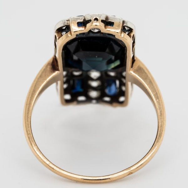 Art Deco 4.50ct Octagonal Cut Sapphire and Diamond Cluster Tablet Plaque Ring