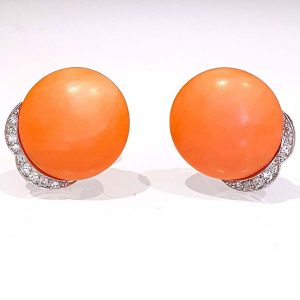 Vintage Coral and Diamond Stud Clip on Earrings, Circa 1960s