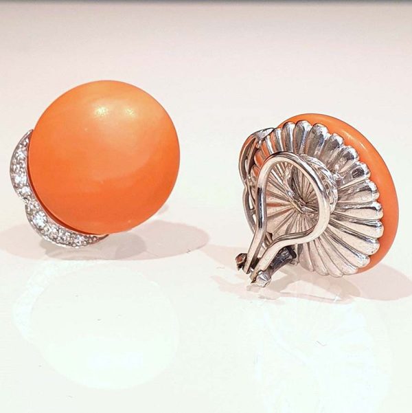 Vintage Coral and Diamond Stud Clip on Earrings, Circa 1960s