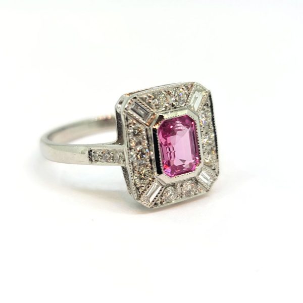 1ct Emerald Cut Pink Sapphire and Diamond Cluster Dress Ring in Platinum