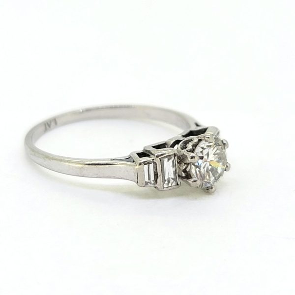 Art Deco 0.65ct Diamond Solitaire Engagement Ring with Baguette Sides in Platinum