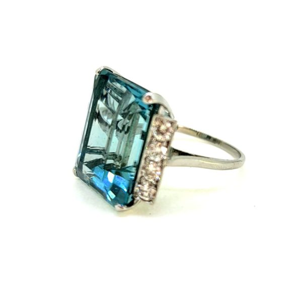 15.20ct Emerald Cut Aquamarine and Diamond Cocktail Ring in Platinum, large 15.20 carat emerald-cut aquamarine flanked either side by a row of sparkling diamonds