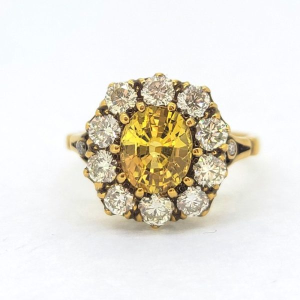 Antique Style 2.2ct Yellow Sapphire and Diamond Crown Cluster Engagement Ring, oval yellow sapphire sit central in crown setting surrounded by 1.30cts diamonds in 18ct yellow gold