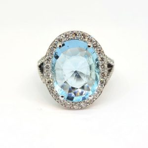 6.80ct Oval Aquamarine and Diamond Cluster Statement Ring