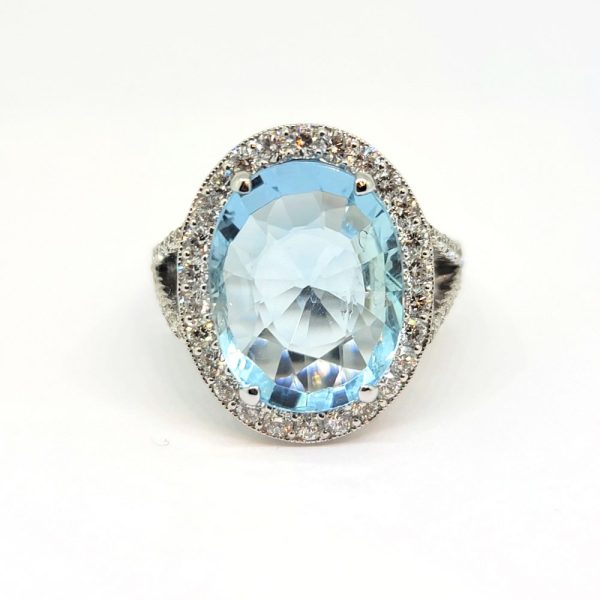 6.80ct Aquamarine and Diamond Oval Halo Cluster Statement Cocktail Ring