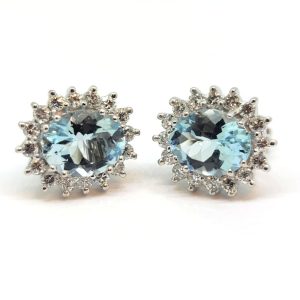 2.90ct Oval Aquamarine and Diamond Cluster Stud Earrings, oval aquamarines surrounded by 1ct sparkling round brilliant-cut diamonds in 18ct white gold