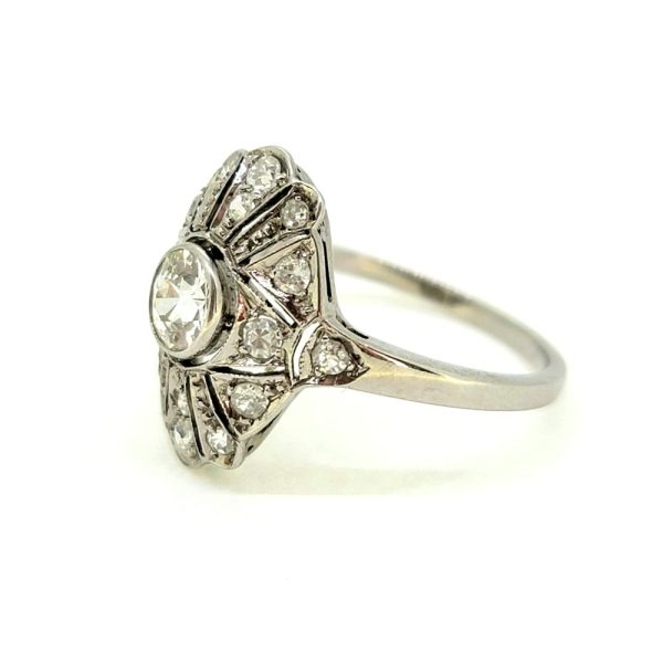 Art Deco Inspired Vintage 0.50ct Diamond Cluster Plaque Ring, central 0.50ct diamond set within a diamond studded pierced surround. Circa 1980s