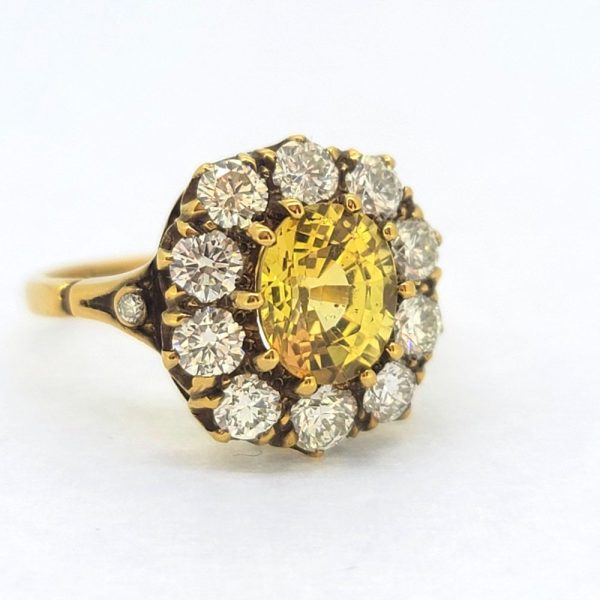 Antique Style 2.2ct Yellow Sapphire and Diamond Crown Cluster Engagement Ring, oval yellow sapphire sit central in crown setting surrounded by 1.30cts diamonds in 18ct yellow gold