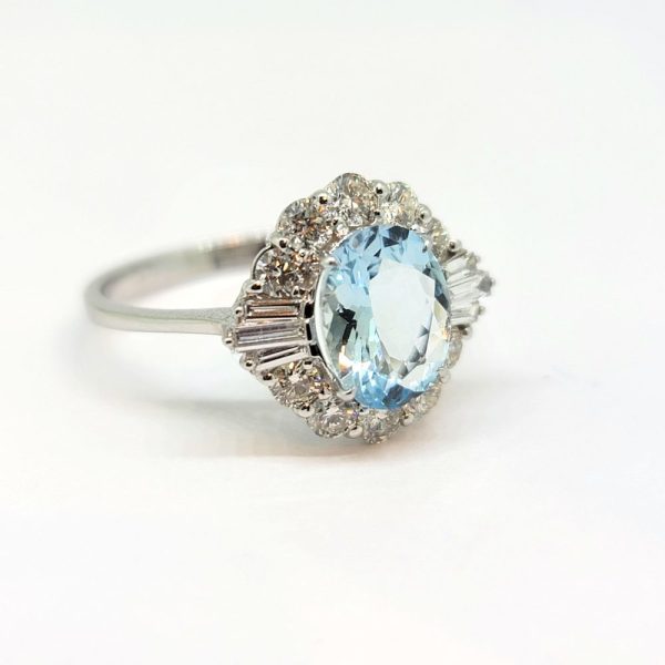 1.50ct Aquamarine and Diamond Cluster Engagement Ring, with 1ct brilliant and baguette cut diamond surround