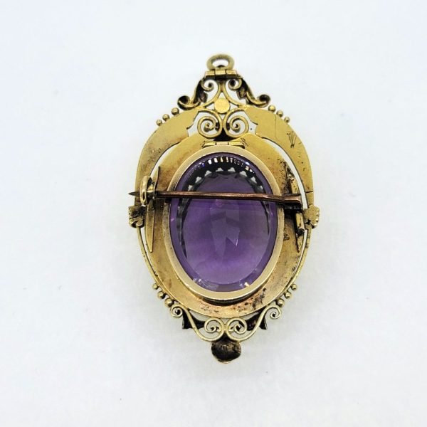 Victorian Antique Amethyst and 15ct Gold Etruscan Brooch with detailed pearl top edge, Secured by a single pin