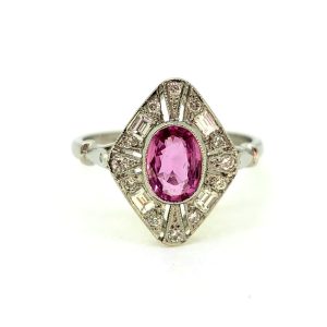 Pink Sapphire and Diamond Cluster Plaque Ring in Platinum