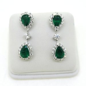 3.5ct Pear Cut Emerald and Diamond Double Cluster Drop Earrings in 18ct white gold