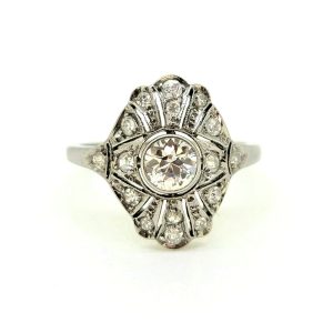 Art Deco Inspired Vintage 0.50ct Diamond Cluster Plaque Ring, central 0.50ct diamond set within a diamond studded pierced surround. Circa 1980s