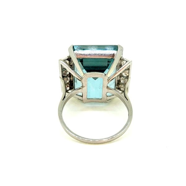 15.20ct Emerald Cut Aquamarine and Diamond Cocktail Ring in Platinum, large 15.20 carat emerald-cut aquamarine flanked either side by a row of sparkling diamonds