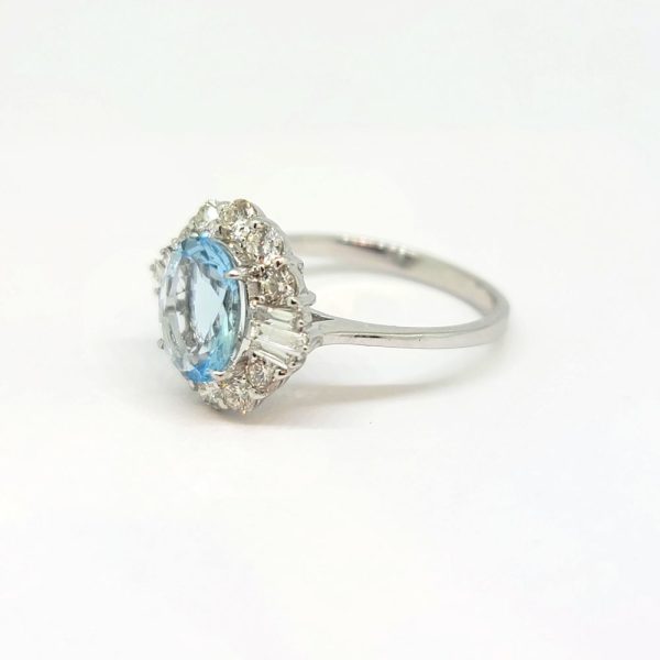 1.50ct Aquamarine and Diamond Cluster Engagement Ring, with 1ct brilliant and baguette cut diamond surround