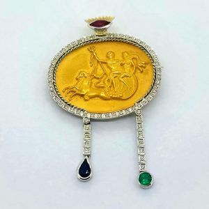 Poseidon Gold Brooch with Diamonds and Multi Gemstones