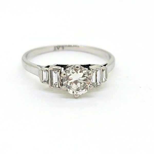 Art Deco 0.65ct Diamond Solitaire Engagement Ring with Baguette Sides in Platinum