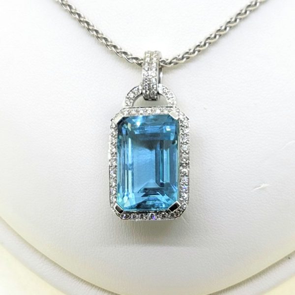 Large 30ct Emerald Cut Aquamarine and Diamond Cluster Pendant with Diamond Bail Bale on Chain