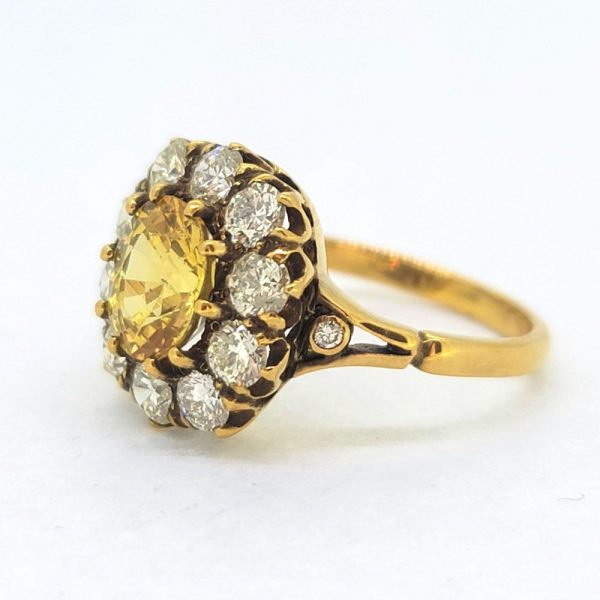 Antique Style 2.2ct Yellow Sapphire and Diamond Crown Cluster Engagement Ring, oval yellow sapphire sit central in crown setting surrounded by 1.30cts diamonds in 18ct yellow gold