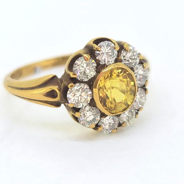 Antique Style 1.20ct Yellow Sapphire and Diamond Cluster Engagement Ring in 18ct Yellow Gold