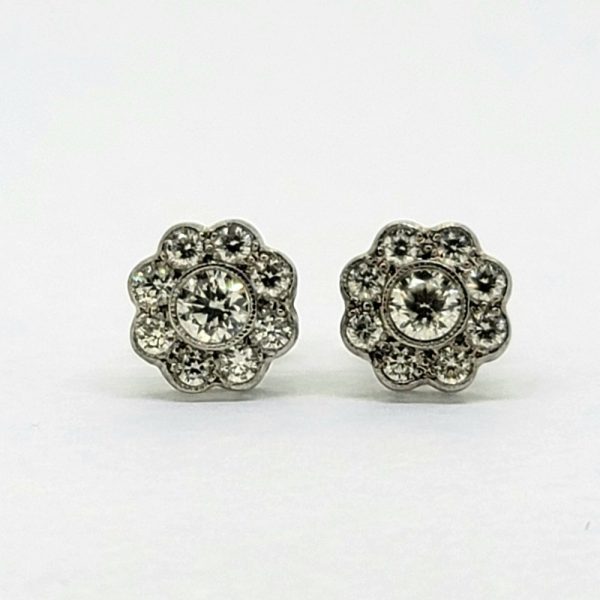 0.85ct Diamond Floral Cluster Earrings, classic pair of diamond daisy flower cluster stud earrings set in silver to 18ct gold