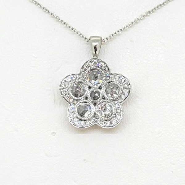 Diamond Floral Cluster Pendant Necklace with Chain, 1 carat total, set with rose-cut and round brilliant-cut diamonds in timeless flower design in 18ct white gold