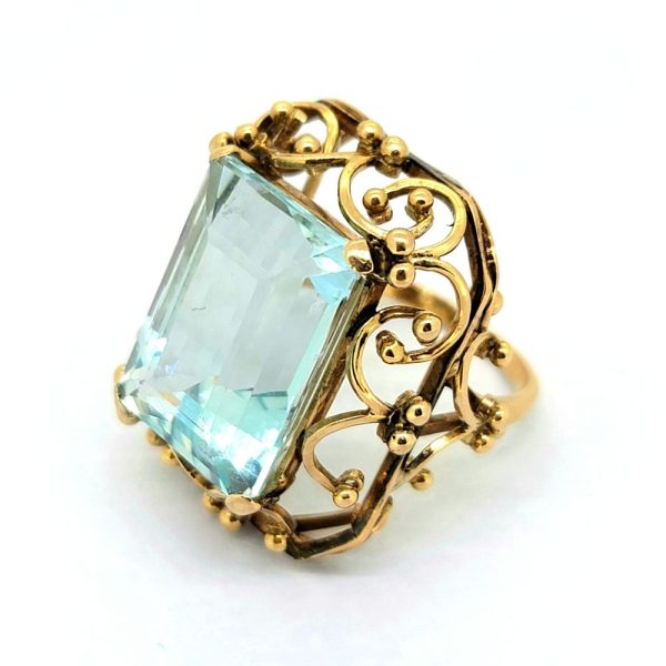 15ct Emerald Cut Aquamarine Solitaire Statement Cocktail Ring, large 15 carat emerald-cut aquamarine nestled within a handmade yellow gold scrolled mount