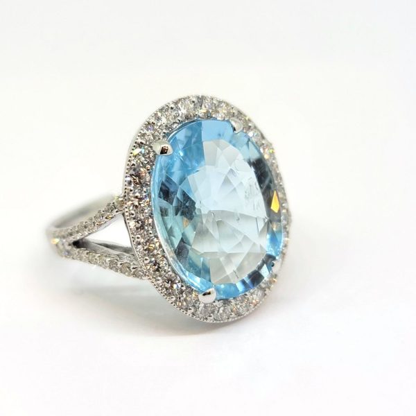 6.80ct Aquamarine and Diamond Oval Halo Cluster Statement Cocktail Ring